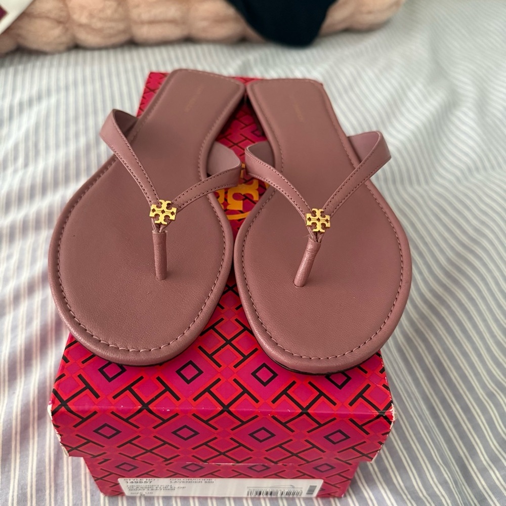 Tory Burch Mauve Pink Leather Logo Thong Sandals